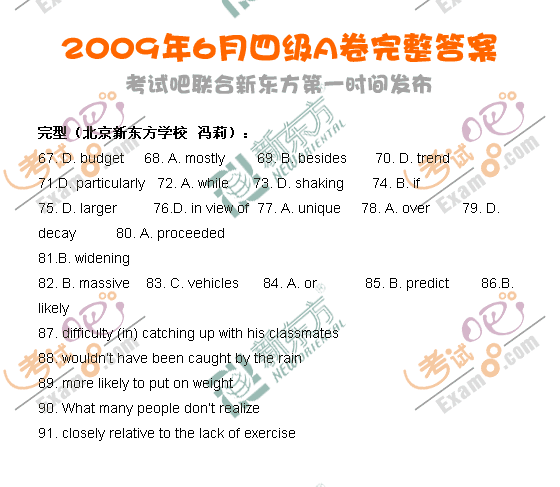考試吧新東方：2009年英語(yǔ)四級(jí)試題答案(A卷)