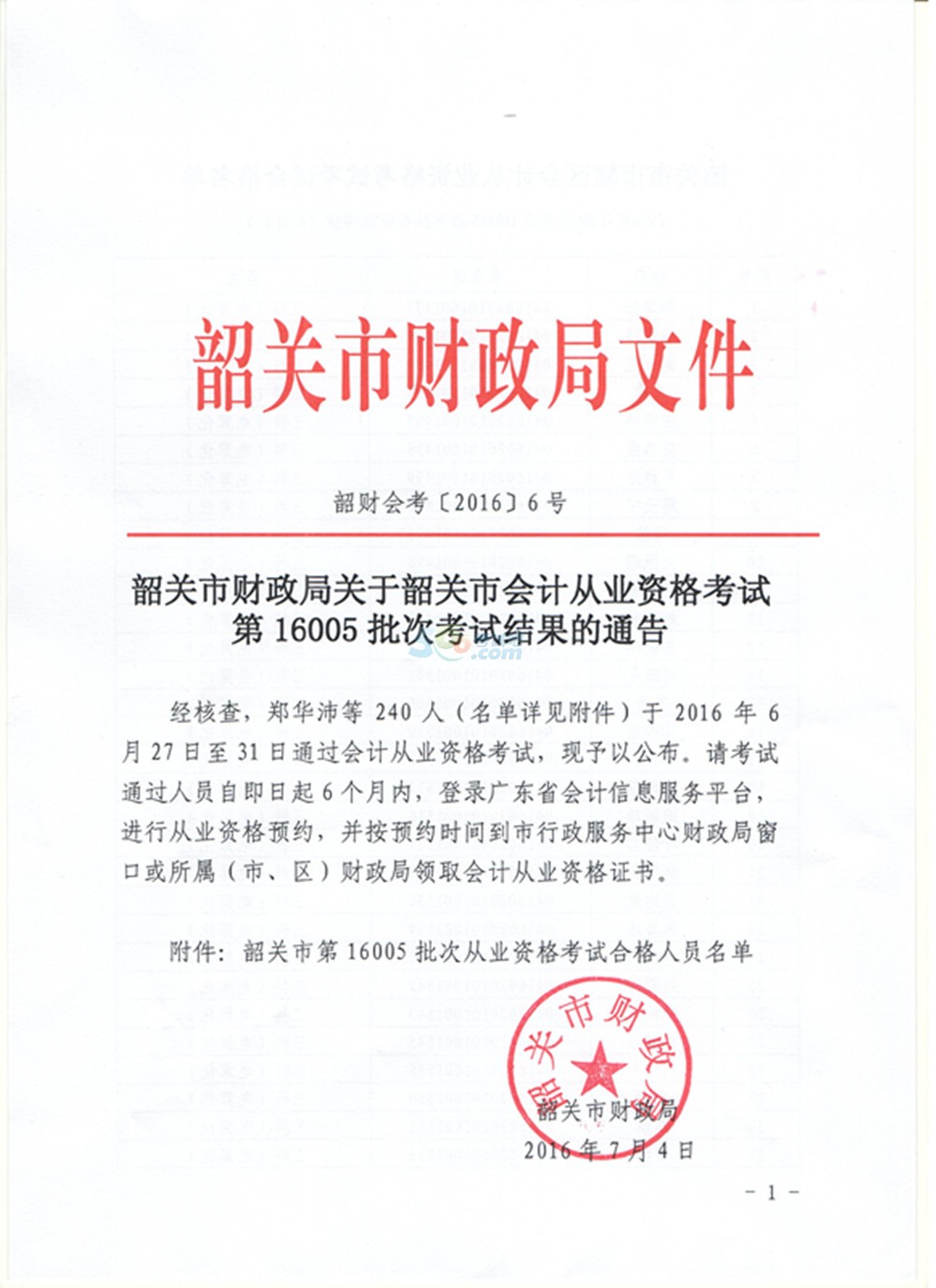 廣東韶關(guān)市第16005批次會(huì)計(jì)從業(yè)資格考試合格名單