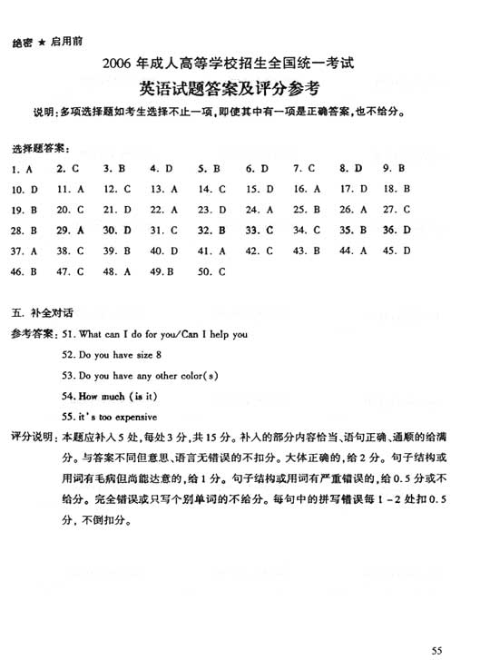 2006年成人高考英語試題及答案下(高起點)