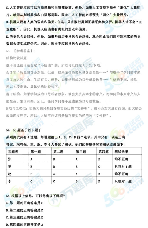 2020年考研管理類綜合邏輯答案（跨考版）