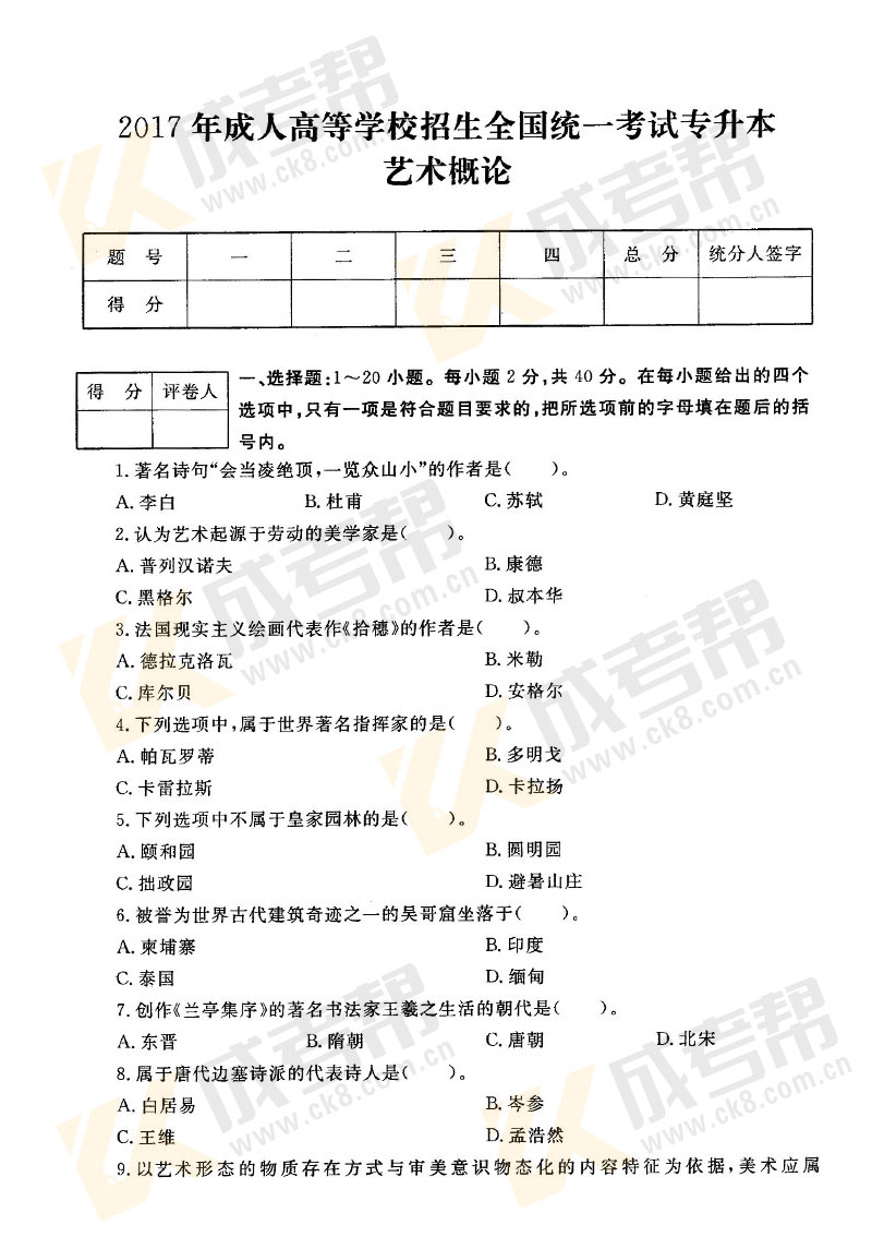2017年成人高考專升本藝術(shù)概論真題及答案解析