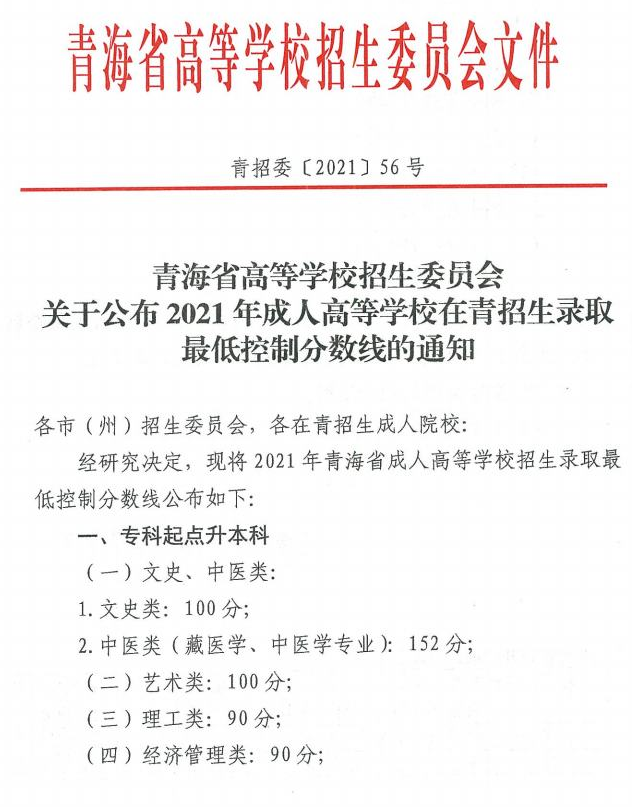 青海2021年成人高考錄取分?jǐn)?shù)線已公布