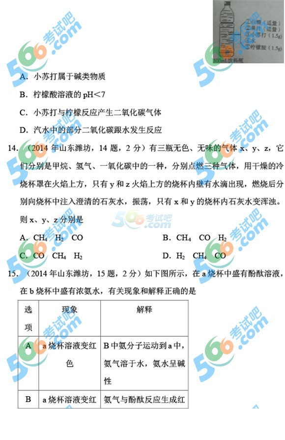 2014年濰坊中考化學(xué)試題及答案