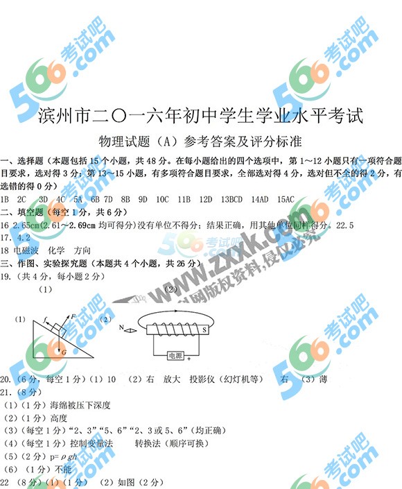 考試吧:2016年濱州中考物理試題及答案(完整版)