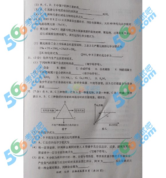 考試吧:2016年達(dá)州中考理綜試題