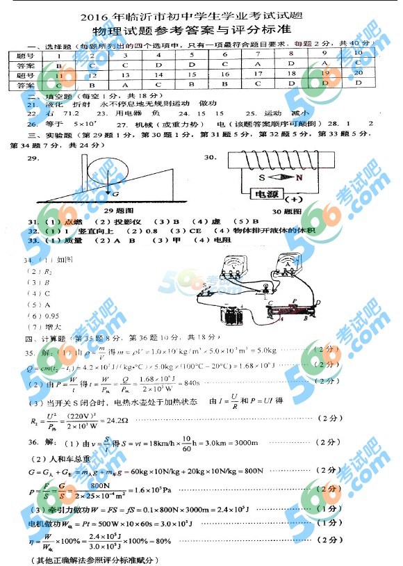 考試吧:2016年臨沂中考物理試題及答案