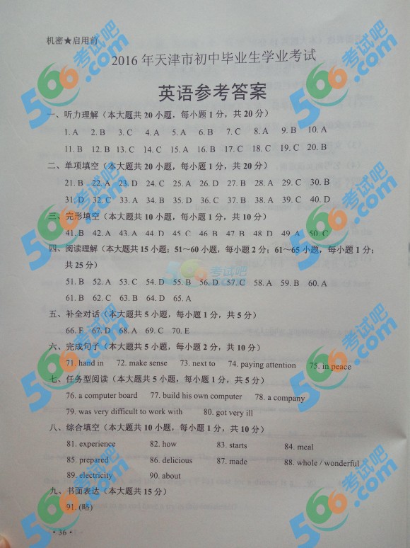 考試吧:2016年天津中考英語試題及答案