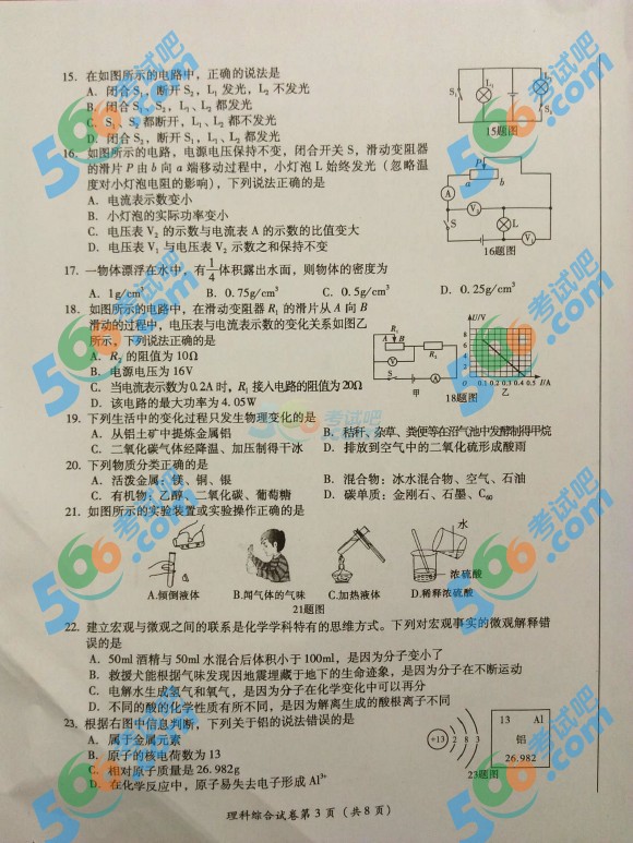 考試吧:2016年巴中中考理科綜合試題