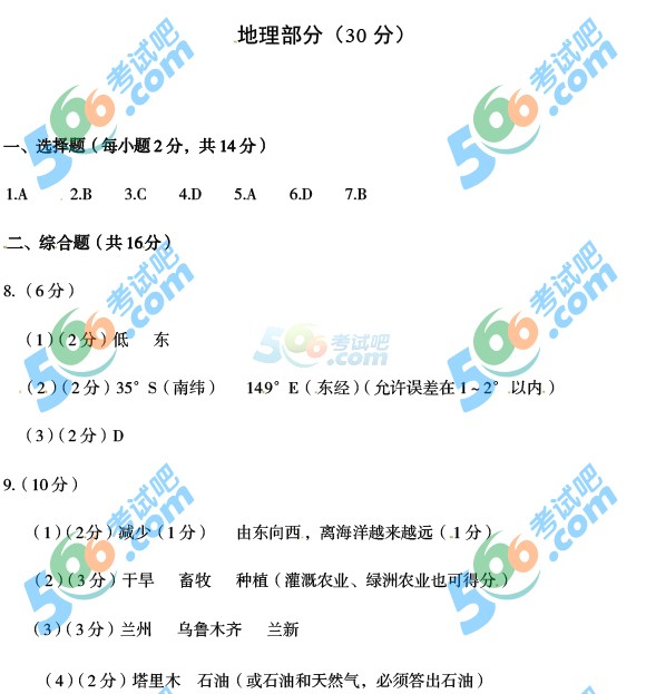 考試吧:2016年白銀中考地理試題及答案