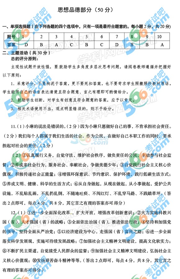 考試吧:2016年張掖中考政治試題及答案