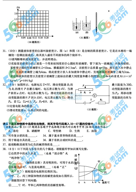 考試吧:2016年黃石中考理科綜合試題及答案