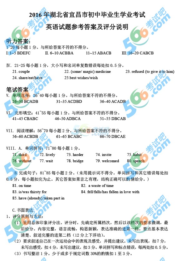 考試吧:2016年宜昌中考英語試題及答案