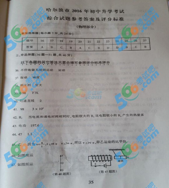 考試吧:2016年哈爾濱中考物理試題及答案