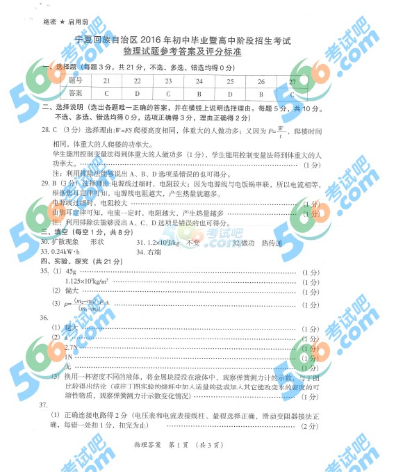 考試吧:2016年寧夏中考物理試題及答案