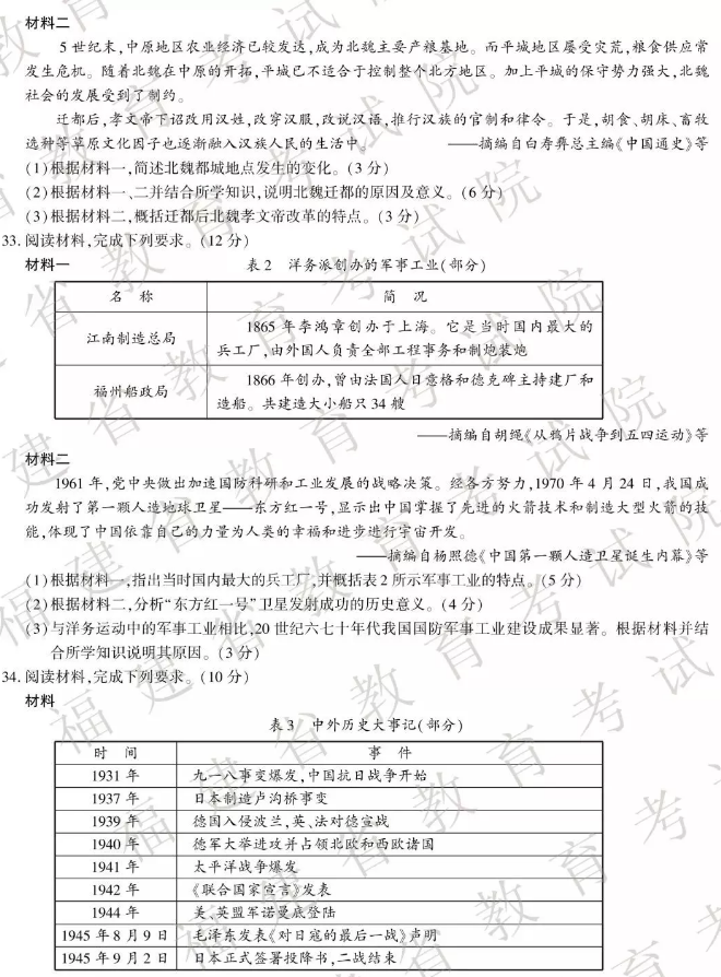 2019年福建中考《歷史》真題及答案已公布