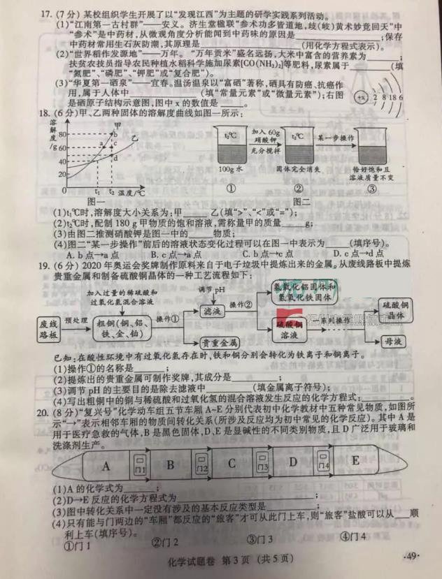 2019年江西中考《化學(xué)》真題及答案已公布