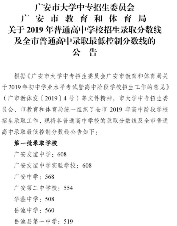 2019年四川廣安市中考分?jǐn)?shù)線已公布