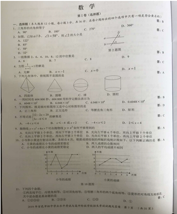 2019年廣西百色《數(shù)學(xué)》真題及答案已公布