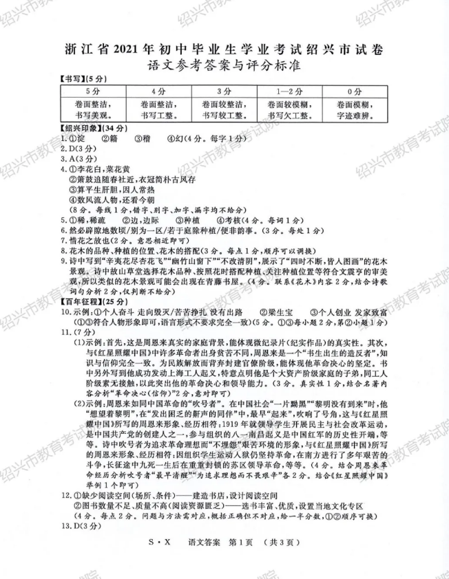 2021年浙江紹興中考語文真題及答案公布