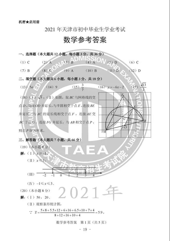 2021年天津中考數(shù)學真題及答案公布