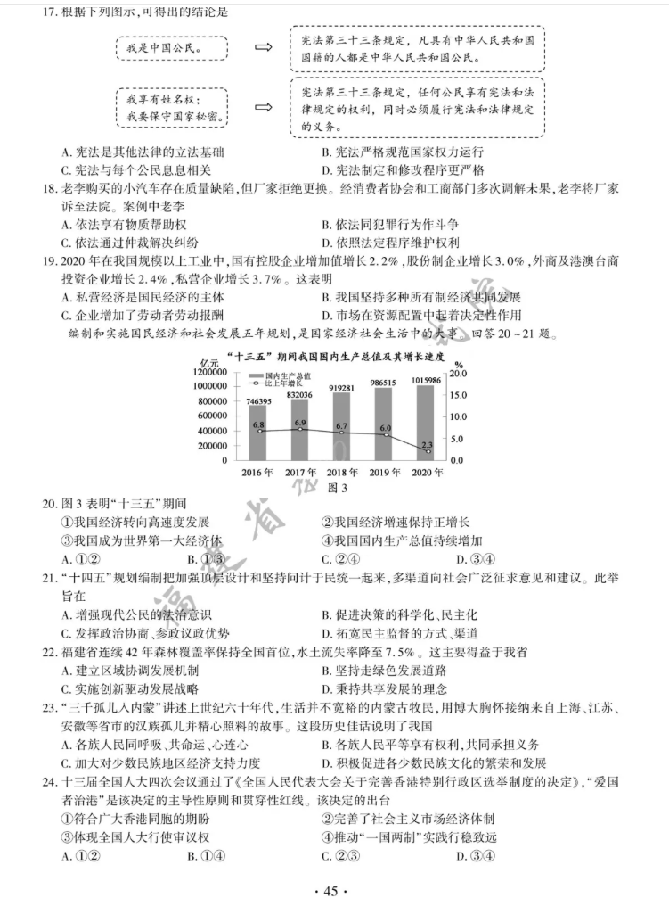2021年福建省中考道德與法治真題及答案已公布