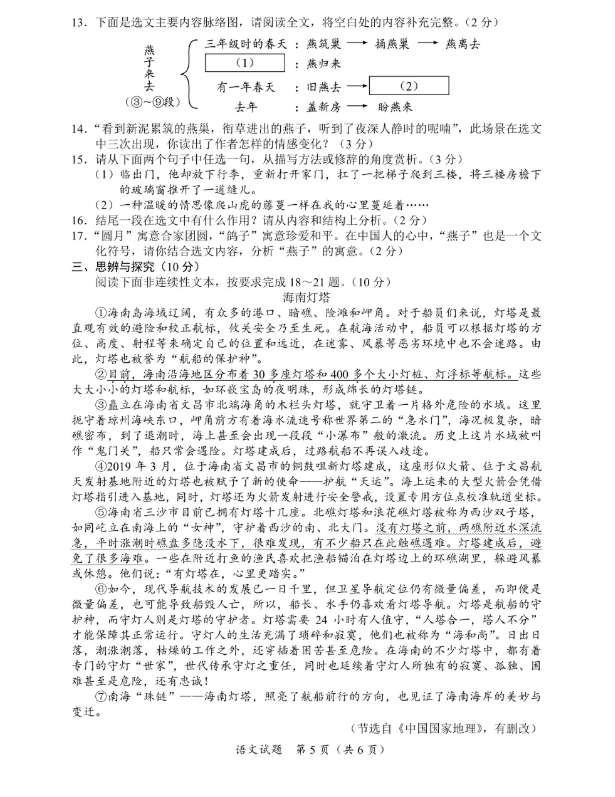 海南省2021年中考《語文》真題及答案已公布