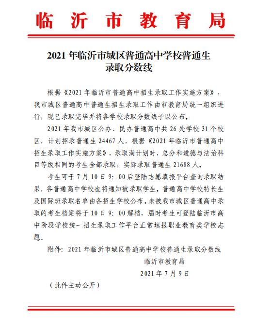2021年山東臨沂中考錄取分?jǐn)?shù)線已公布