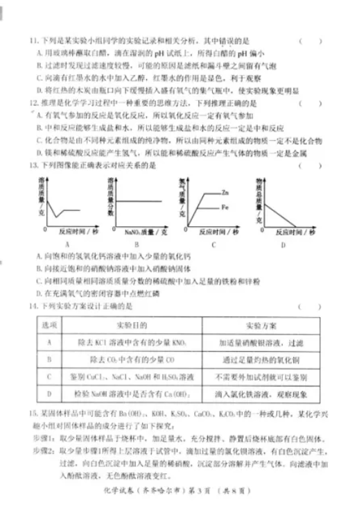 2021年黑龍江齊齊哈爾中考化學真題及答案公布
