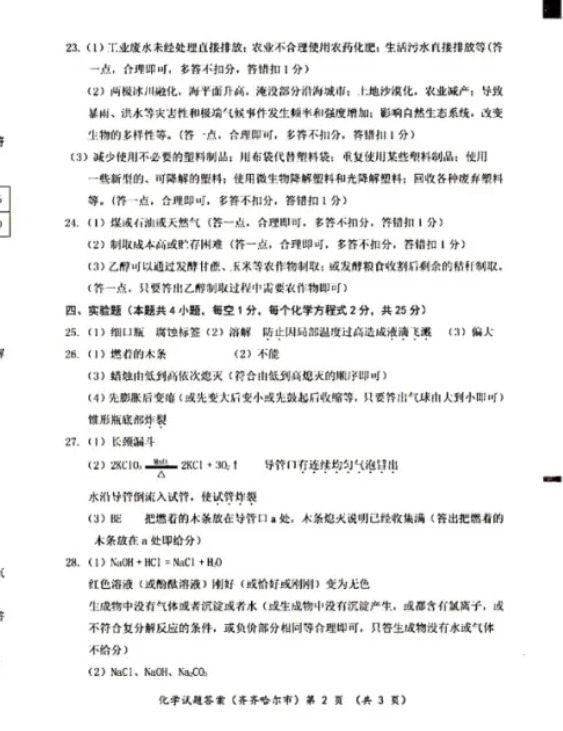 2021年黑龍江齊齊哈爾中考化學(xué)真題及答案公布