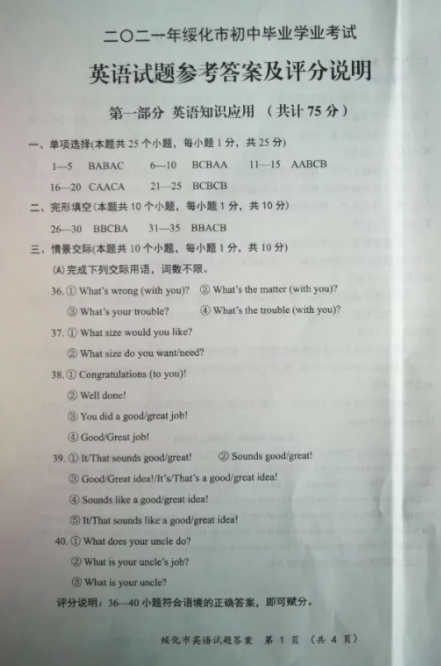 2021年黑龍江綏化中考英語真題及答案已公布