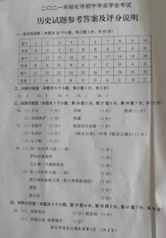 2021年黑龍江綏化中考?xì)v史真題及答案已公布