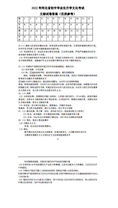 2022年河北中考文綜真題及答案已公布